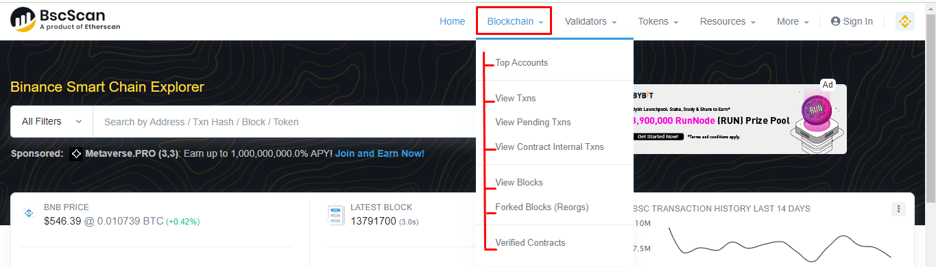 نوار ابزار Bscscan