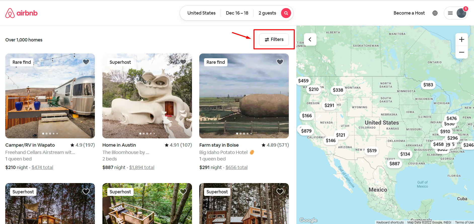 انتخای یک مکان خاص در سایت airbnb.com