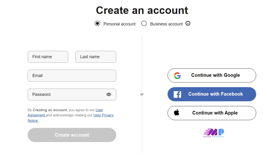 ساخت حساب شخصی در ebay